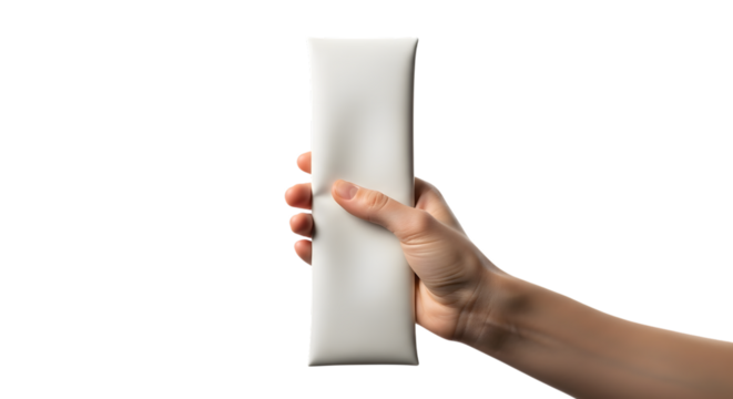 Hand holding a white rectangular object isolated on transparent background