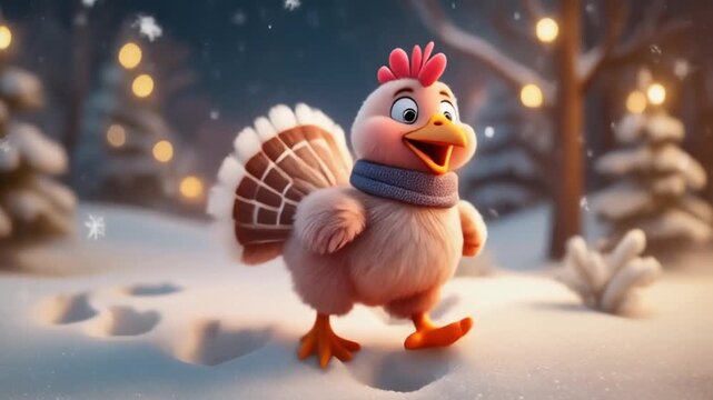 Cartoon Turkey Running in Winter Wonderland