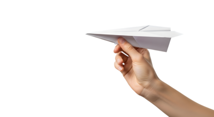 Hand launching a paper airplane isolated on transparent background