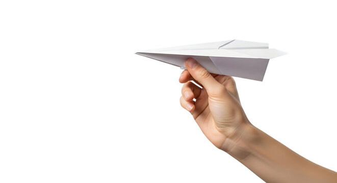Hand launching a paper airplane isolated on transparent background