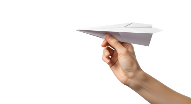 Hand launching a paper airplane isolated on transparent background