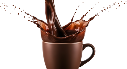 Chocolate splash in a cup isolated on transparent background