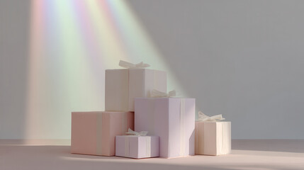 stunning arrangement of gifts surrounded by ultrabright holographic glows creating magical atmosphere