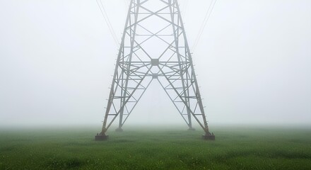 Misty Power Line A Field of Green and the Stark Lines of Modern Infrastructure