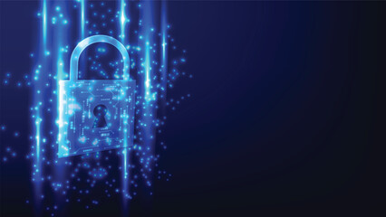 cyber security and hacking prevention. digital padlock with futuristic glowing light on blue background with copy space