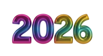 Colorful metallic numbers 2026 isolated on transparent background