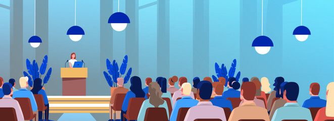 Conference speaker presentation audience listening modern seminar hall podium stage plants hanging lamps blue background website banner