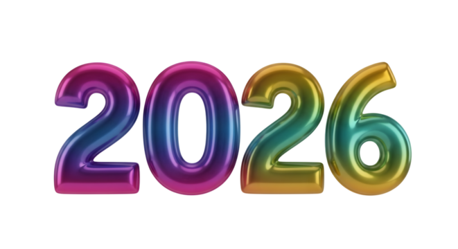 Colorful metallic numbers 2026 isolated on transparent background - Powered by Adobe