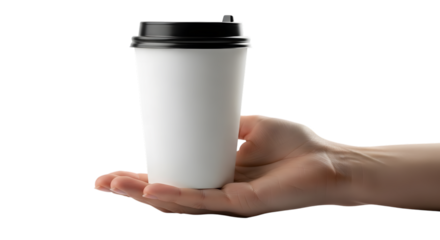 Hand holding a disposable coffee cup isolated on transparent background