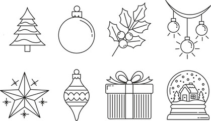 Collection of hand drawn black and white christmas holiday icons and decorations for festive design