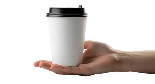 Hand holding a disposable coffee cup isolated on transparent background