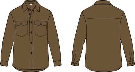 Brown button up shirt, long sleeve fashion design, classic collar sketch, chest pockets with flaps, garment construction, apparel specification template