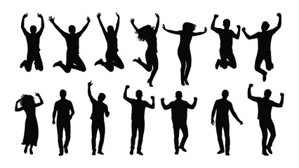 Energetic people jumping and celebrating silhouettes isolated on white background, Vector