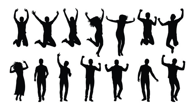Energetic people jumping and celebrating silhouettes isolated on white background, Vector