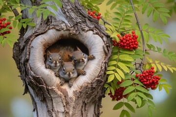 Three squirrels are peeking out of a tree hollow, the tree leaves and rowan berries are visible in the frame.