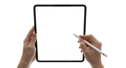 Hands holding tablet and stylus isolated on transparent background