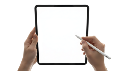 Hands holding tablet and stylus isolated on transparent background
