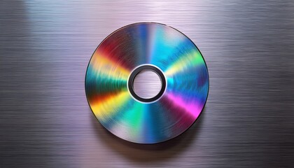 a circular metallic disc displays a vibrant radial gradient of iridescent colors against a neutral gray backdrop showing brushed metal texture