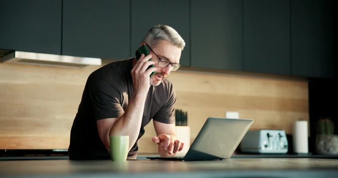 Phone call, laptop and talking with man in kitchen for networking, project consultant and freelancer. Virtual advisor, discussion and planning with mature person in home for remote worker and chat - Powered by Adobe