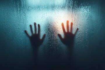 Surreal scene of hands pressing against frosted glass, illuminated by cool light, capturing the tension between confinement and yearning for expression