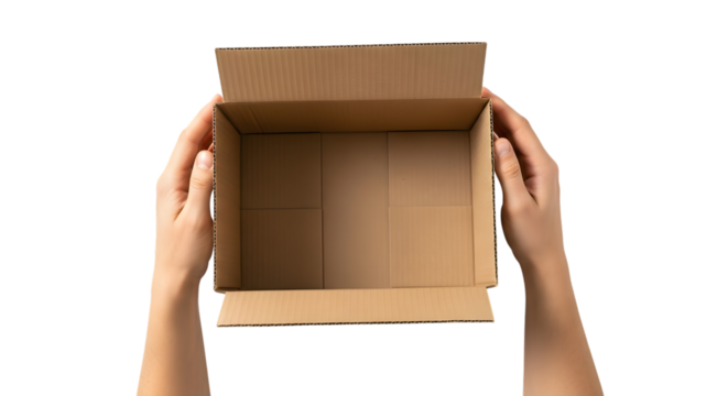 Hands holding an open empty cardboard box isolated on transparent background