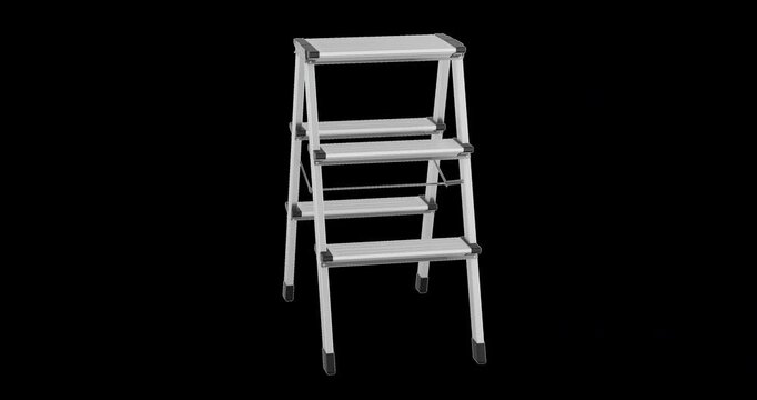 Aluminum step ladder, lightweight folding ladder, portable slim step stool rotation animation seamlessly loopable. 3D rendering isolated on transparent background