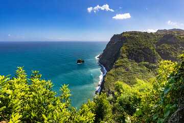 Panoramic Ocean View from a Verdant Cliffside under a Blue Sky with Clouds in Madeira Island, Portugal, nature background or travel wallpaper