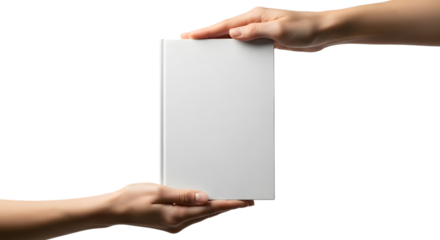 Hands passing a blank white book isolated on transparent background