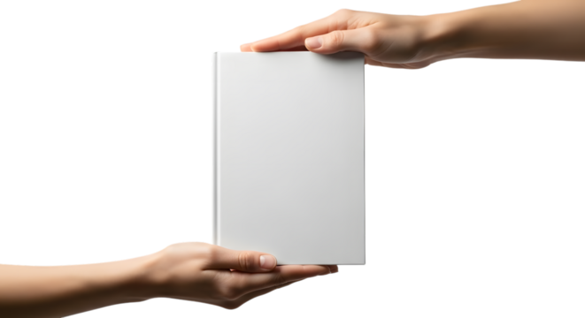 Hands passing a blank white book isolated on transparent background