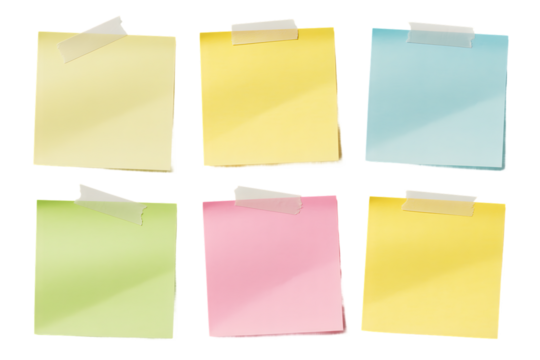 Different colored sticky notes taped against wall isolated on white or transparent png
