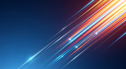 Abstract streaks of light and particles moving rapidly across a dark blue background, representing speed and technology