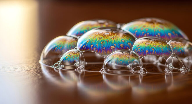 Macro Shot of Iridescent Soap Bubbles on Wood - Powered by Adobe