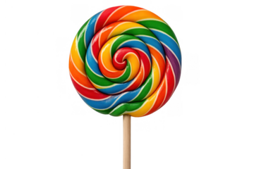 Colorful swirl lollipop showing a rainbow spectrum of sweet candy, bright design on a transparent background