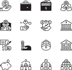 Vector business and finance editable stroke line icon set with money, bank, check, law, auction, exchance,
