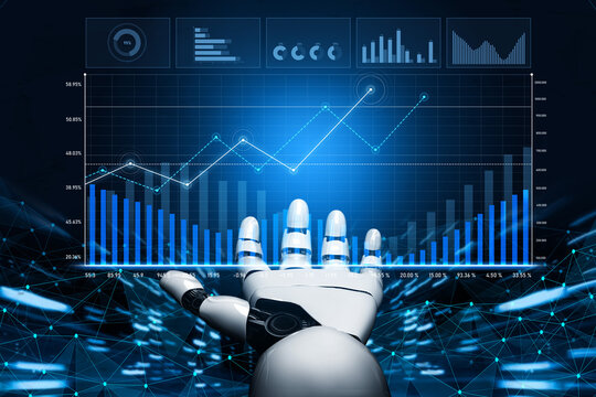 A futuristic robot hand reaches out to touch a digital interface displaying data visualizations. The scene represents advancements in technology and automation systems in modern industry. Scalp
