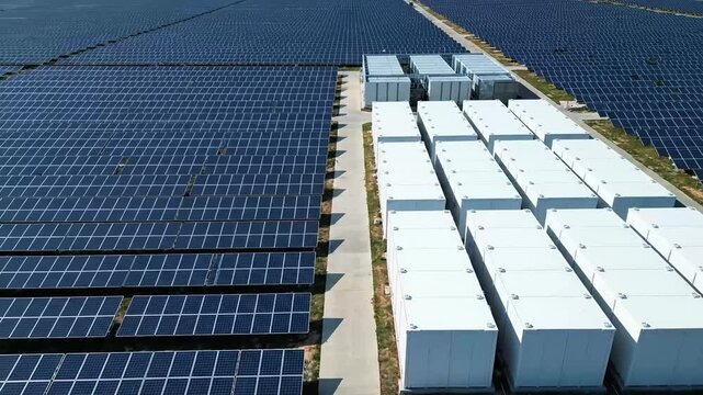 Aerial drone view of vast solar panel farm with battery storage units clean energy generation
