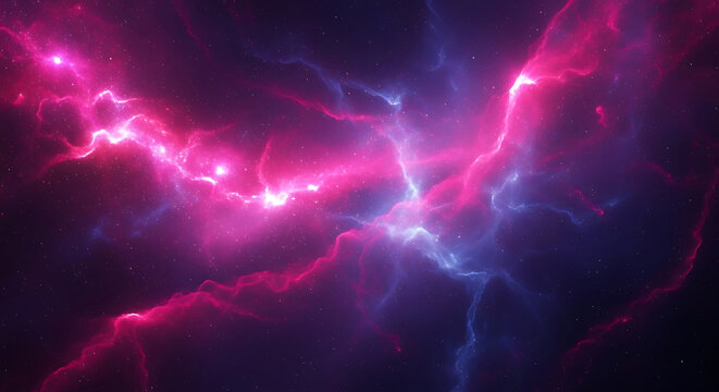 Vibrant nebula in deep space with pink and blue cosmic clouds, stars, and glowing energy