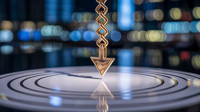 Golden pendulum arrow targeting center point with blurred city lights
