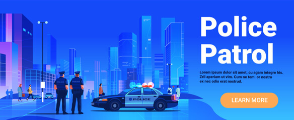 Police patrol urban cityscape officers police car skyscrapers pedestrians street lights modern downtown blue gradient background website banner © mast3r