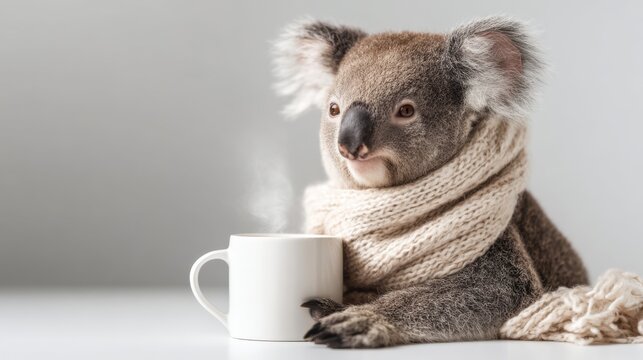 Koala sits wrapped in warm knit scarf holding steaming hot drink mug feeling cozy and relaxed