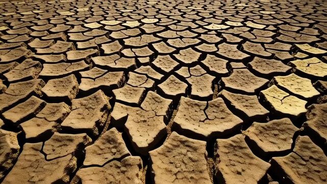 Cracked earth with a dry appearance, displaying a pattern of polygons with shadows. Texture looks old and arid