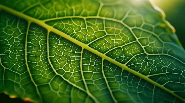 Close-up shot of a vibrant green leaf, showcasing intricate vein patterns and textures.