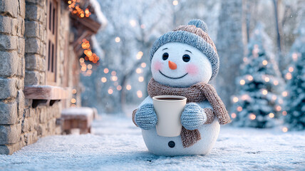 The snowman looks cute and winter-magical, wearing a warm scarf and with a kind smile.