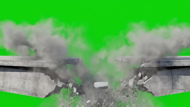 Bridge collapse explosion debris smoke green screen chroma key destruction demolition disaster