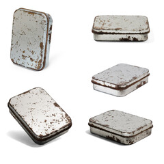 Old little rusty tin box at various angles at white background