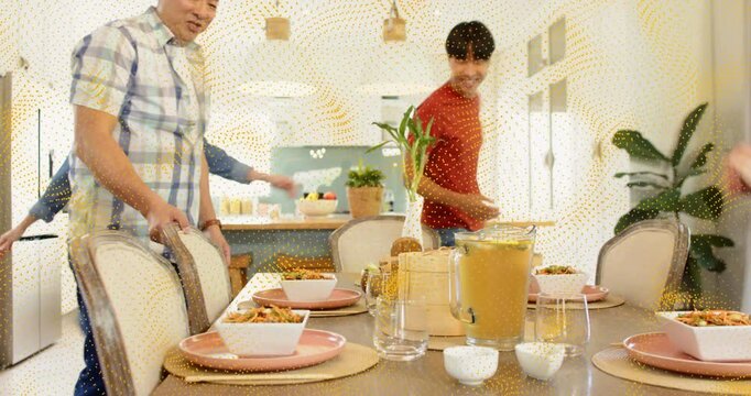 Family on dish arrival, placing bread basket, animated highlights marking plates, preparing food