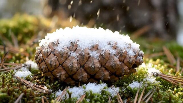 Close-up macro shot of a pinecone covered in fresh snow, highlighting its intricate texture and the delicate snowflakes falling gently in a natural forest setting