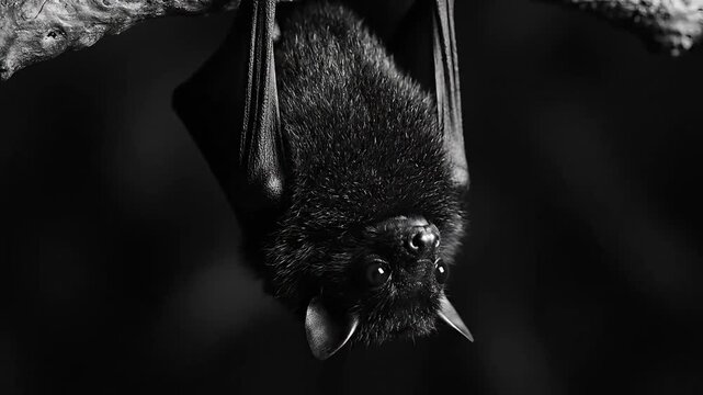 Close up macro black and white extreme detail of a small bat hanging upside down from a branch