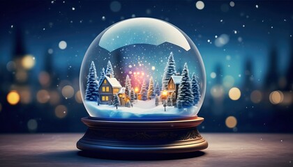A magical snow globe reveals a glowing winter village surrounded by swirling snowflakes and warm festive light, creating a peaceful holiday dream enclosed in crystal beauty