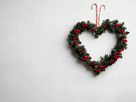 Christmas heart wreath with red berries and candy cane on white wall festive decoration holiday background - Powered by Adobe